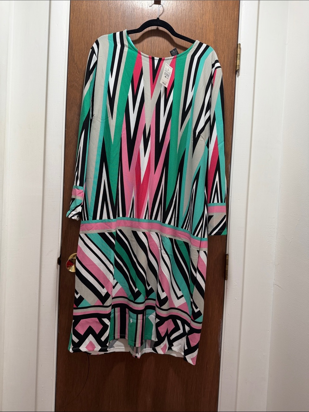 Ashley Stewart Colorblock Zigzag Dress - Pink, Teal, Black, White, Gray